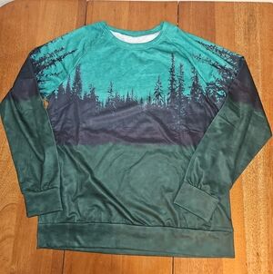 Men's Teal and Forest Green Graphic Crewneck Long Sleeve Top